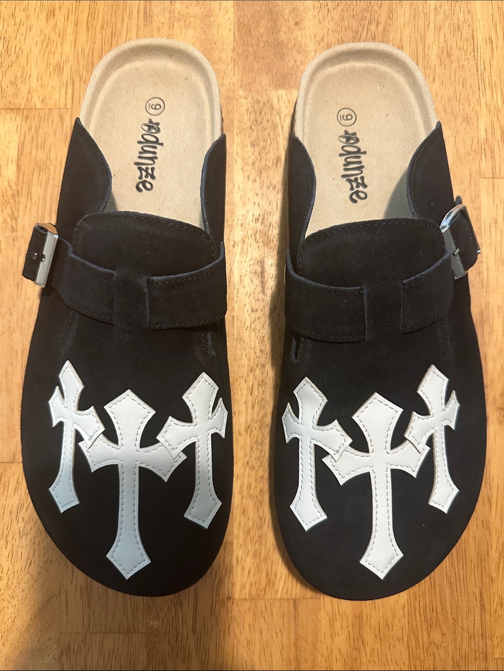 Women’s Odunze “Saint” Black Faux Suede Clogs with Triple White Cross Accent